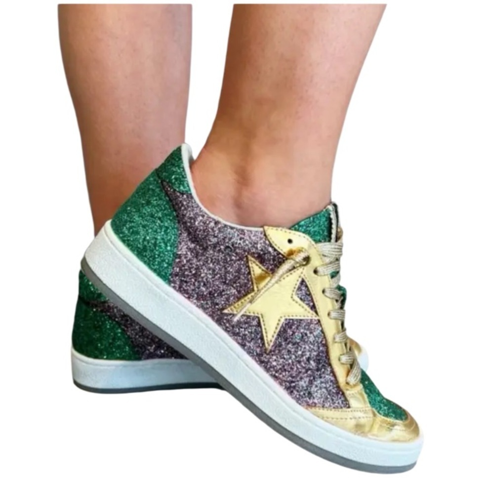 ShuShop Mardi Gras-Paz Glittery Green and Gold Star Sneakers-Size 7.5 NWOT